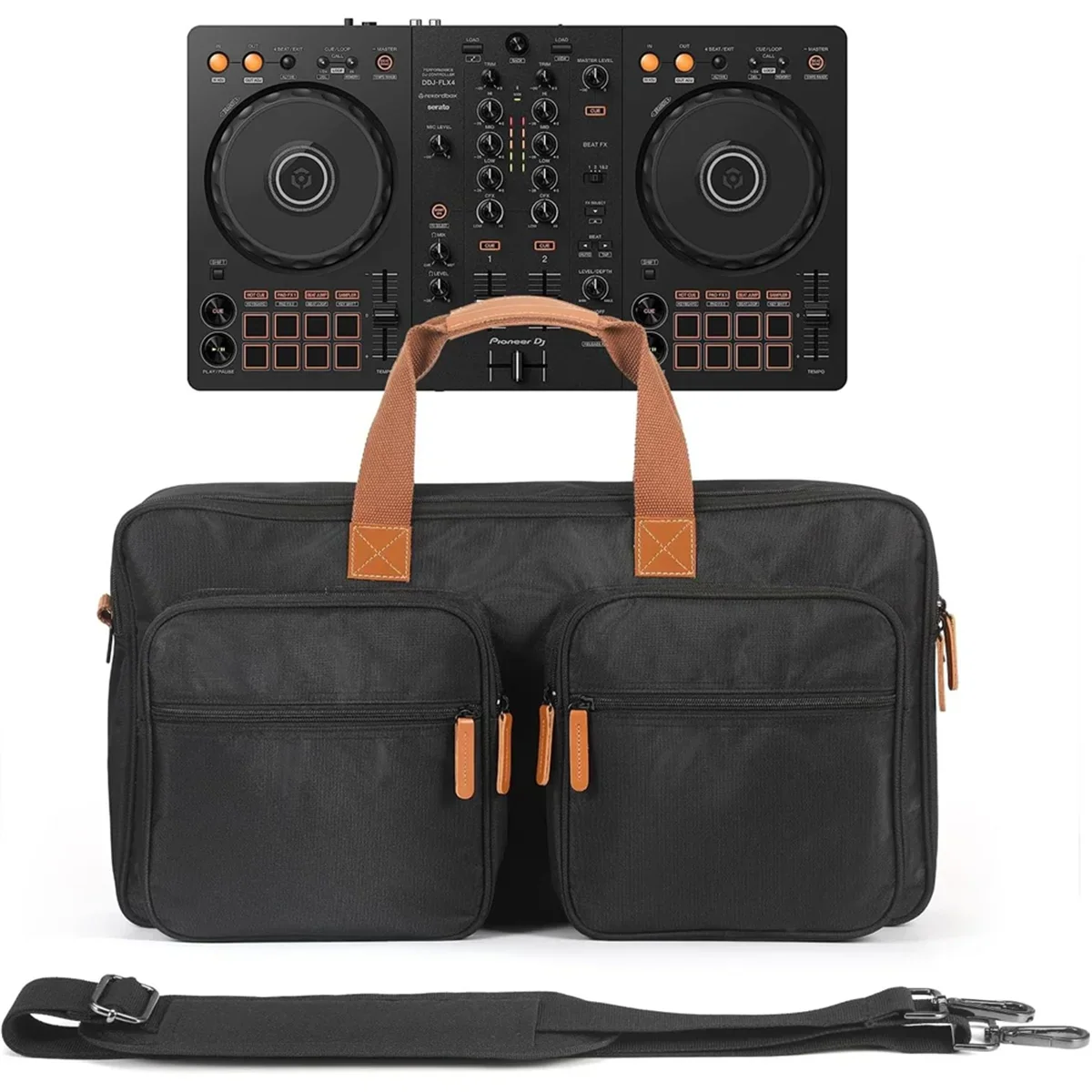 Black pioneer dj ddj-flx4 controller with tan leather handles and orange zipper pulls and matching carrying case for numark mixtrack platinum and ddj-rev1