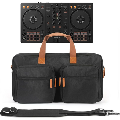 Black pioneer dj ddj-flx4 controller with tan leather handles and orange zipper pulls and matching carrying case for numark mixtrack platinum and ddj-rev1