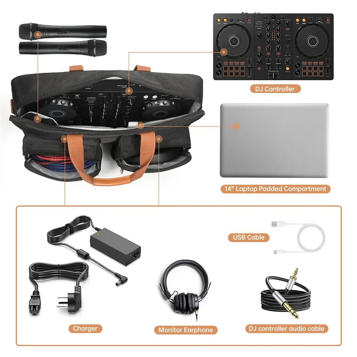 Black dj controller with two turntables and control panel in a protector bag for numark mixtrack platinum and pioneer dj ddj-flx4 ddj-rev1