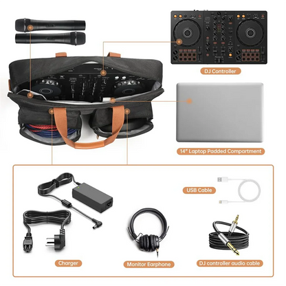Black dj controller with two turntables and control panel in a protector bag for numark mixtrack platinum and pioneer dj ddj-flx4 ddj-rev1