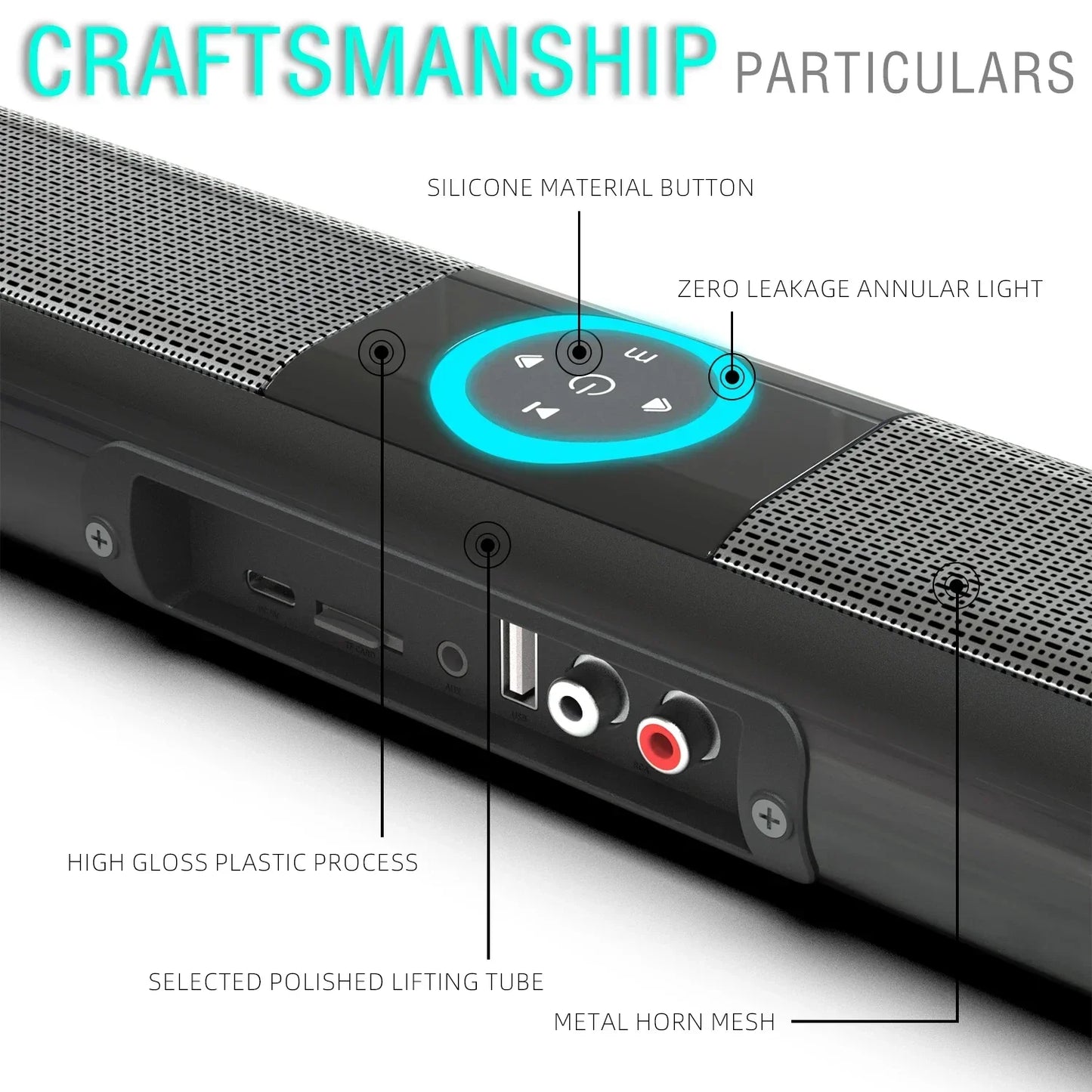 Black homefish bs-20 rgb ambient light bluetooth speaker with glossy finish, silicone buttons, aux rca bluetooth support