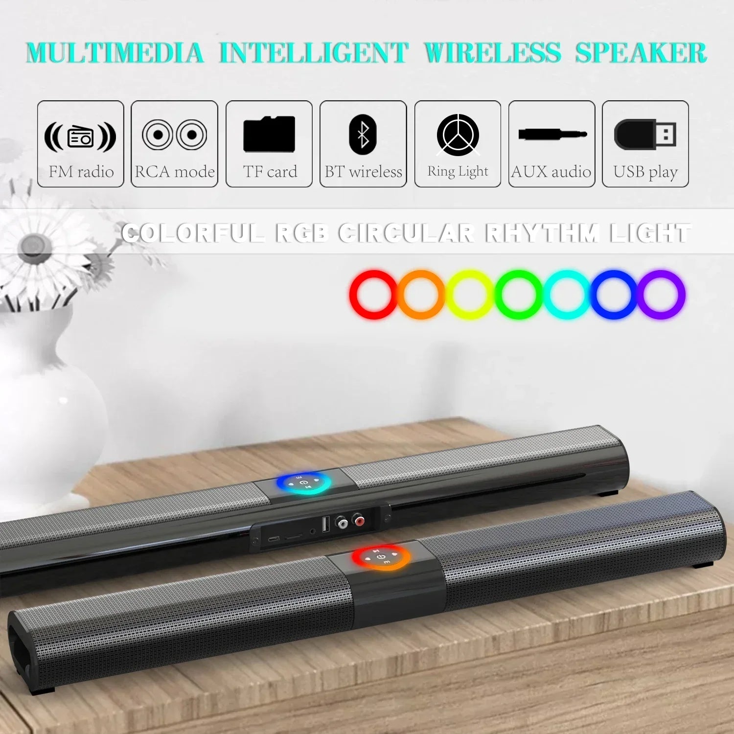 Black homefish bs-20 multimedia wireless speaker with rgb ambient light bluetooth aux rca bluetooth fm connectivity