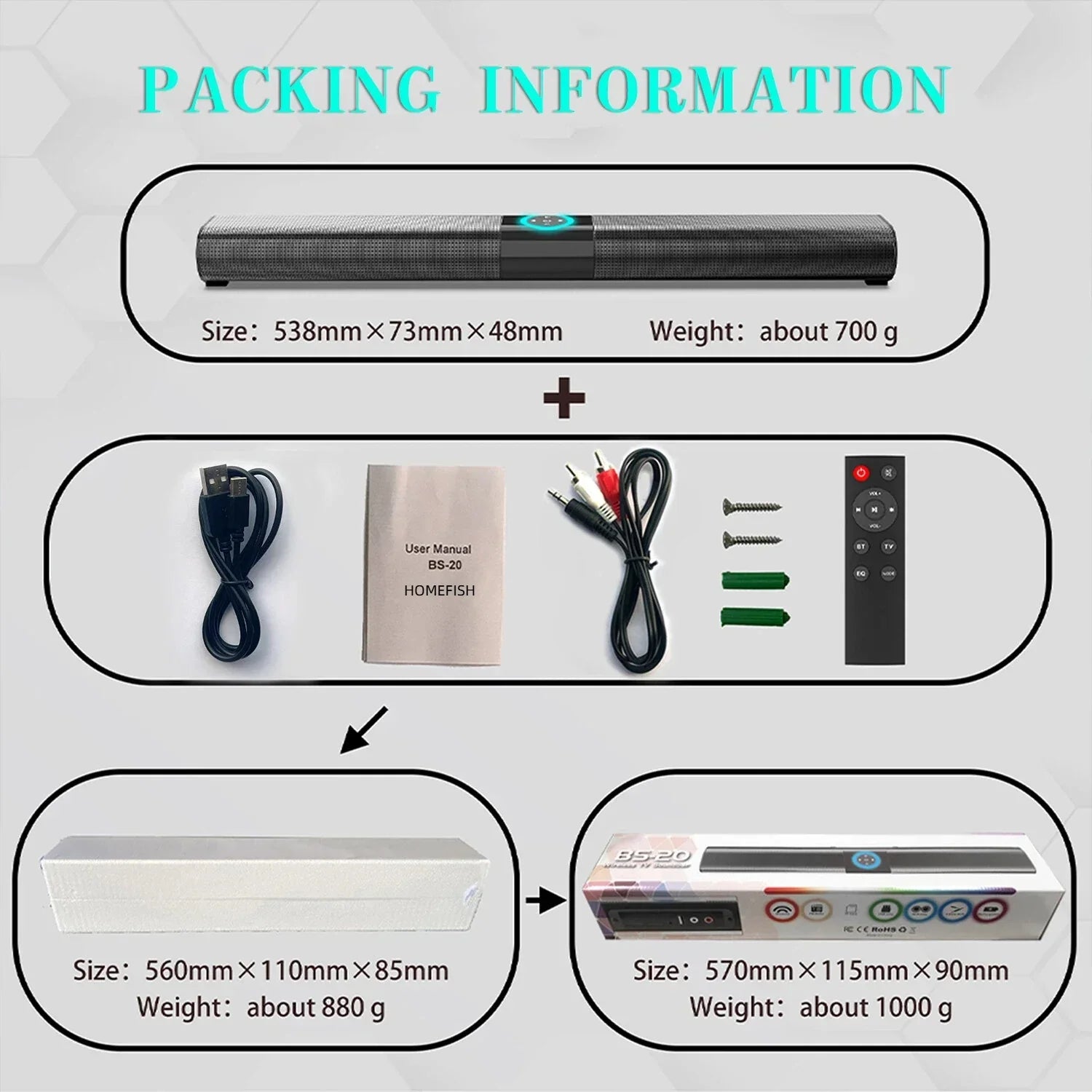 Black textured homefish bs-20 rgb ambient light bluetooth soundbar with blue control panel silver trim aux rca bluetooth