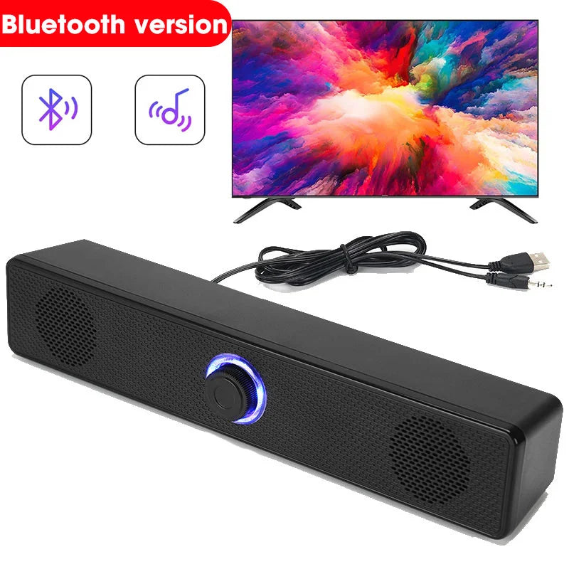 Black homefish bt5.0 soundbar speaker with textured surface and glowing blue knob featuring full-range audio crossover