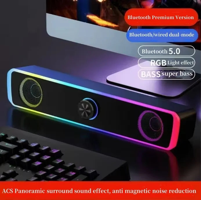 Black rectangular HOMEFISH BT5.0 soundbar speaker with rgb lighting, dual mode connectivity, and full-range audio crossover