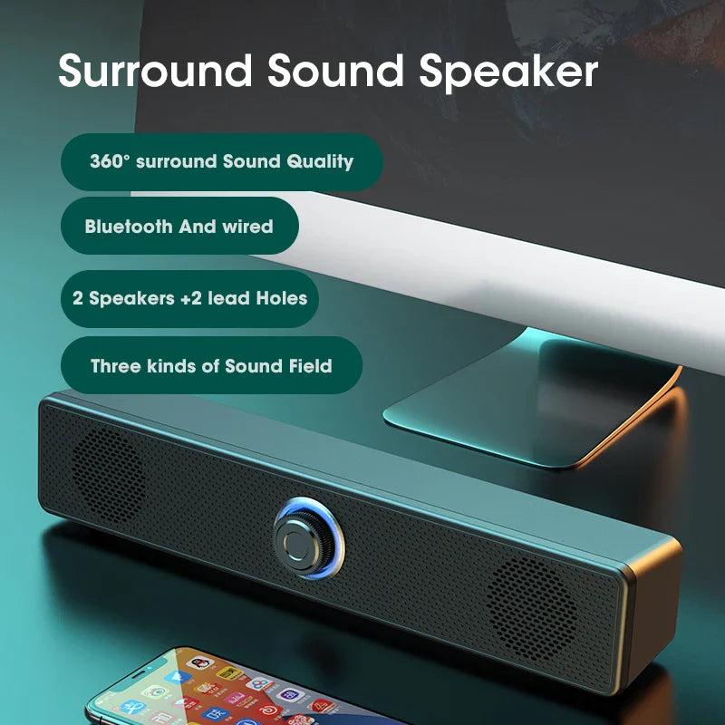 Black rectangular HOMEFISH BT5.0 soundbar speaker with blue-lit control knob features full-range audio crossover for stereo bass