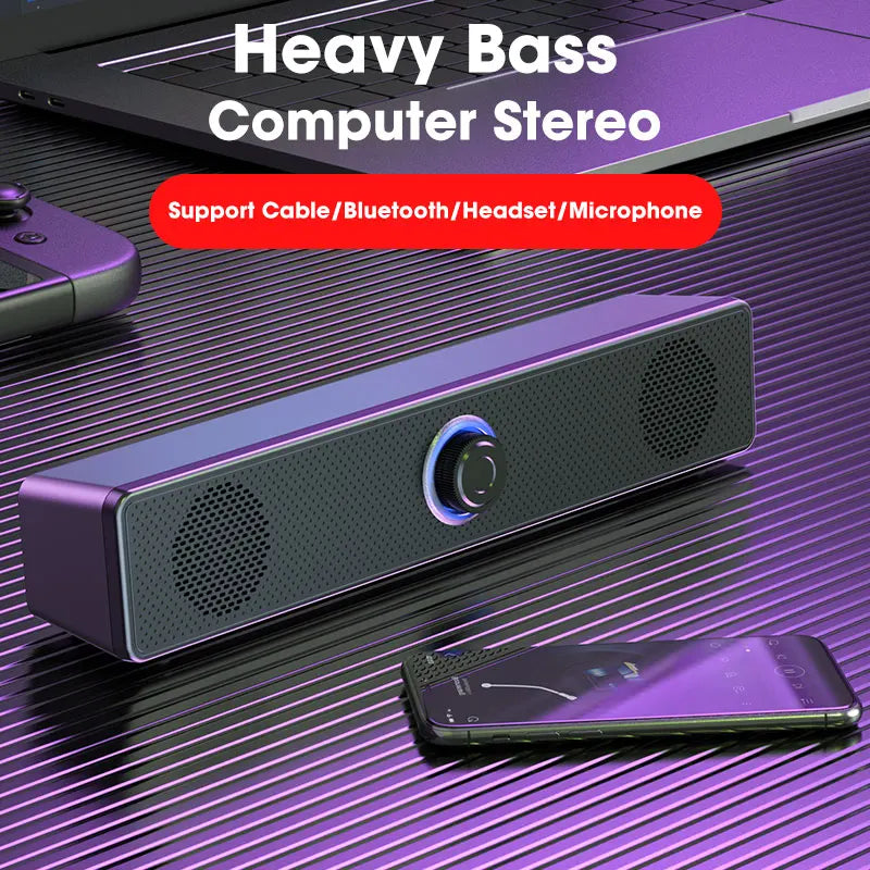 Homefish bt5.0 soundbar speaker in black with purple accents and glowing blue knob features full-range audio crossover