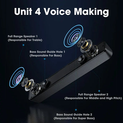 Black rectangular homefish bt5.0 soundbar speaker with full-range audio crossover and dual bass guide holes for enhanced sound
