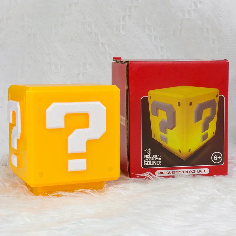 Bright yellow cube-shaped led night light with white question mark, usb rechargeable lamp music anime peripheral gift