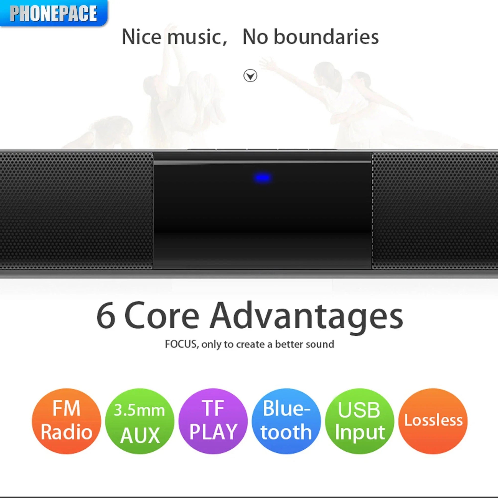 Black homefish wireless bluetooth sound bar with blue led indicator and perforated speaker grilles for theater tv projector