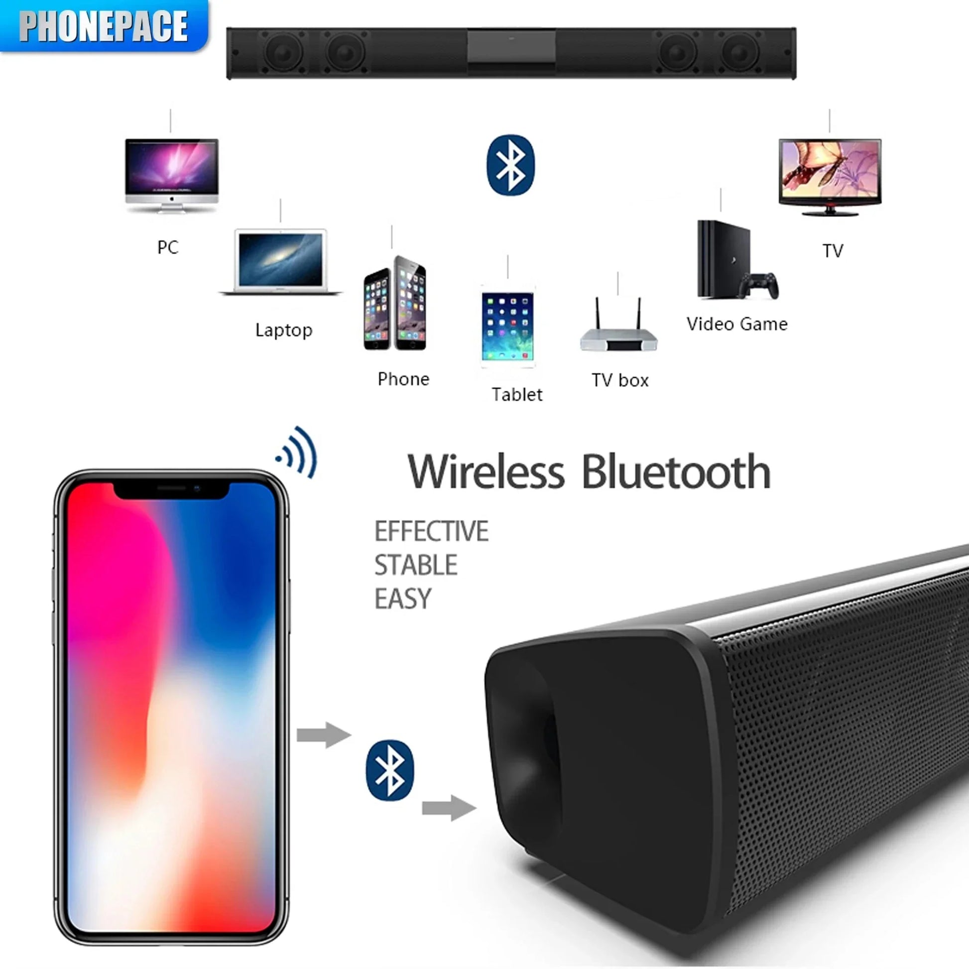 Black homefish wireless bluetooth sound bar with perforated grille for theater tv projector and home stereo system