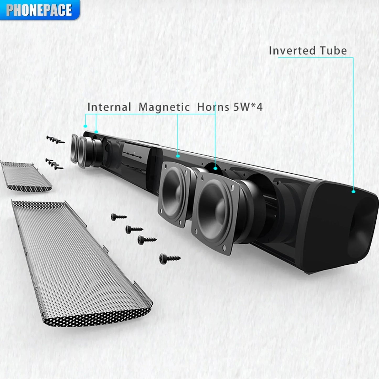 Black homefish wireless bluetooth sound bar with four 5w magnetic horns and perforated metal grilles for theater tv projector use