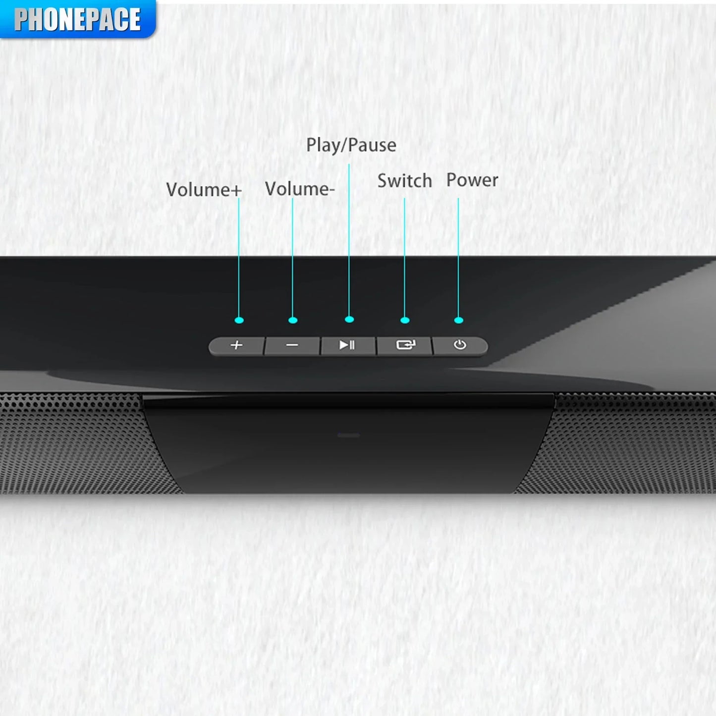 Black sleek glossy homefish wireless bluetooth sound bar with integrated control buttons for theater tv projector use