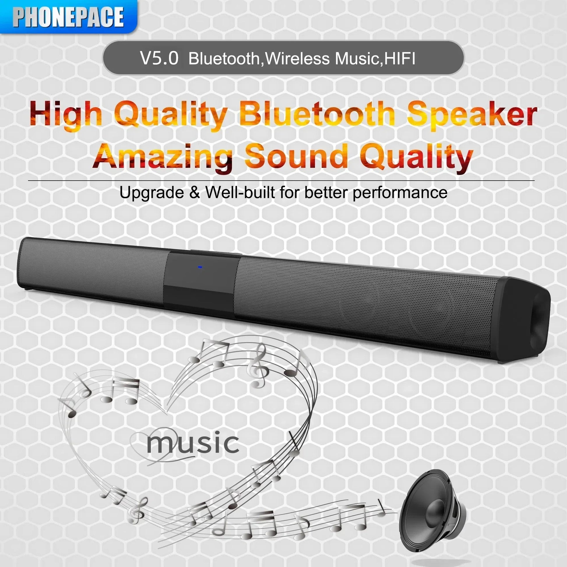 Black rectangular homefish wireless bluetooth sound bar speaker with textured grille for theater tv projector use
