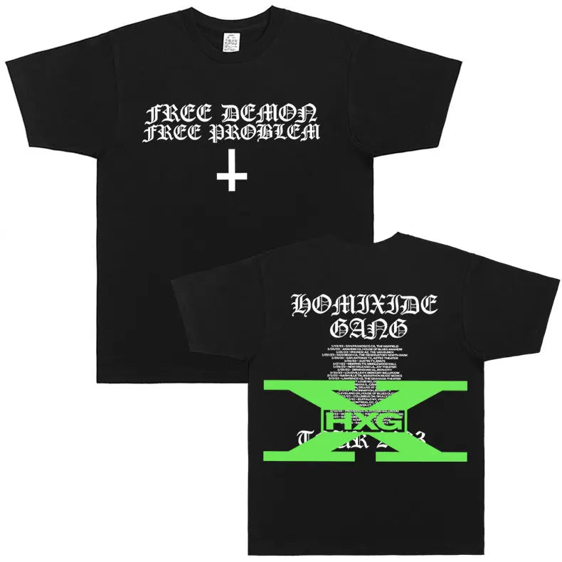 Black short-sleeved cotton homixide gang mosh pit control t-shirt with white gothic lettering and neon green graphic on back
