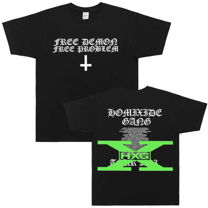 Black short-sleeved cotton homixide gang mosh pit control t-shirt with white gothic lettering and neon green graphic on back