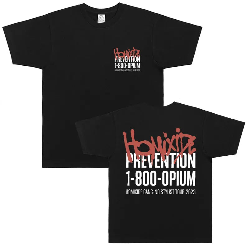 Black cotton homixide gang mosh t-shirt with bold red white playboi carti opium hip hop oversized graphic text