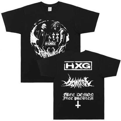 Black homixide gang mosh pit control cotton t-shirt featuring white free demon free problem graphic on the back