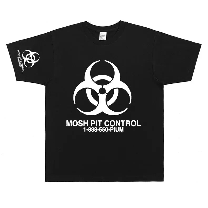 Black cotton homixide gang mosh oversized t-shirt featuring white biohazard symbol and playboi carti opium text