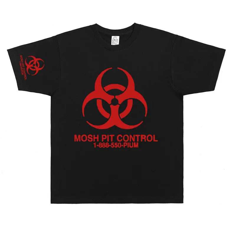 Black short-sleeved cotton homixide gang mosh t-shirt with red biohazard symbol and mosh pit control text playboi carti opium merch