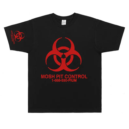 Black short-sleeved cotton homixide gang mosh t-shirt with red biohazard symbol and mosh pit control text playboi carti opium merch