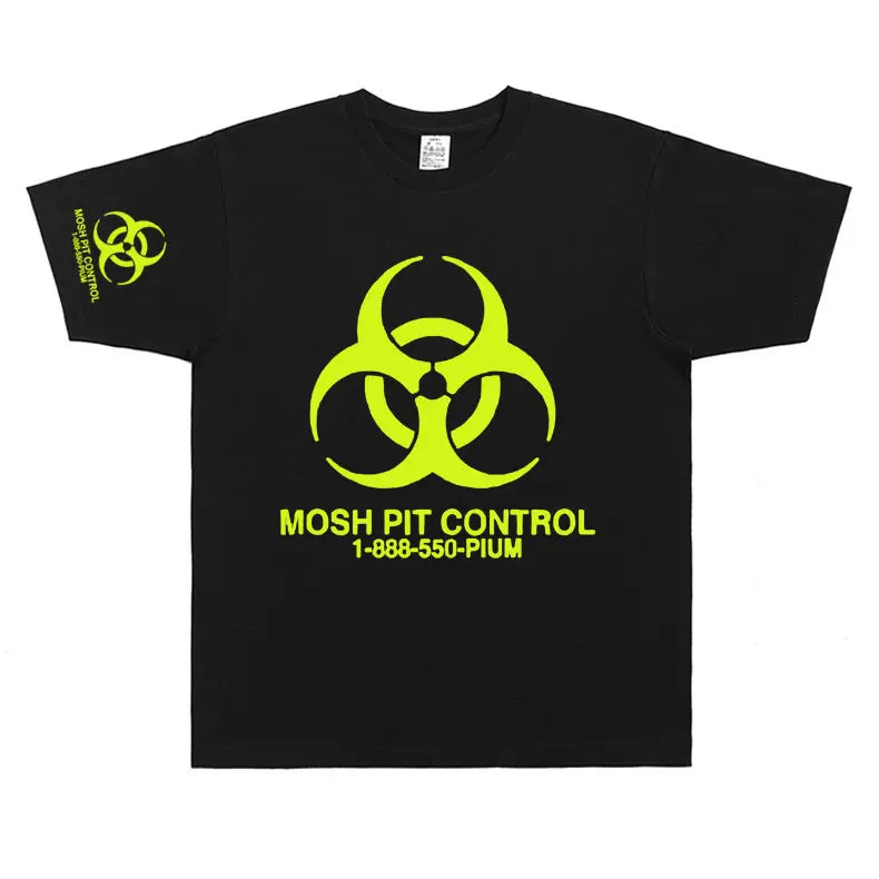 Black cotton homixide gang mosh oversized t shirt with neon yellow biohazard symbol and mosh pit control text