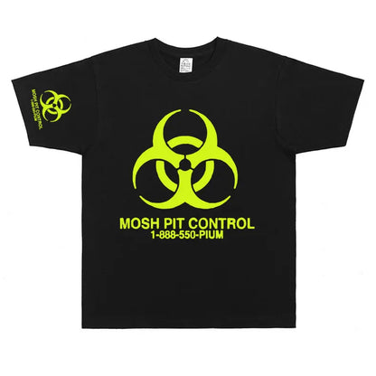 Black cotton homixide gang mosh oversized t shirt with neon yellow biohazard symbol and mosh pit control text