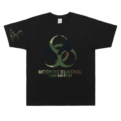 Black cotton homixide gang mosh pit control t-shirt featuring camouflage biohazard symbol and playboi carti opium text