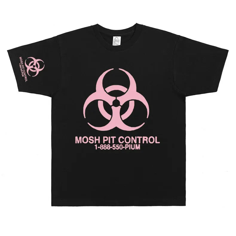 Black cotton homixide gang mosh t-shirt with pink biohazard symbol and mosh pit control text for men and women