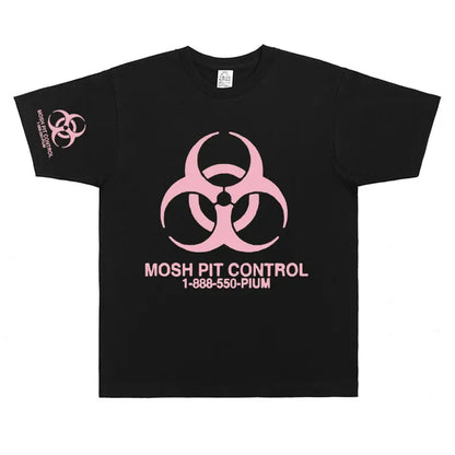 Black cotton homixide gang mosh t-shirt with pink biohazard symbol and mosh pit control text for men and women