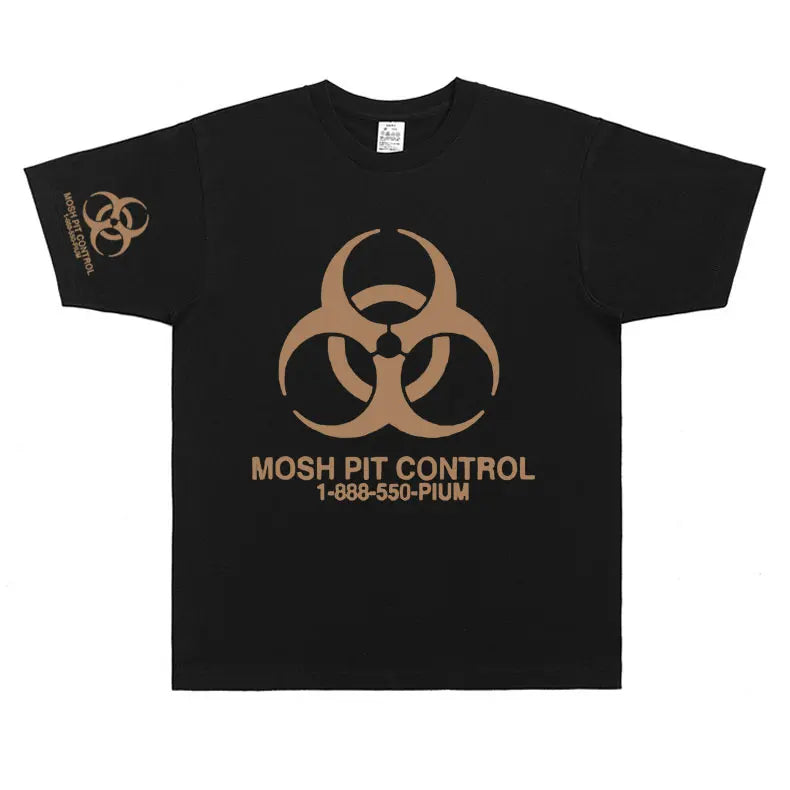 Black cotton homixide gang mosh t-shirt featuring tan biohazard symbol and mosh pit control text for playboi carti opium fans