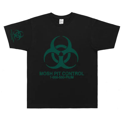 Black cotton homixide gang mosh pit control t-shirt featuring teal biohazard symbol and playboi carti opium text