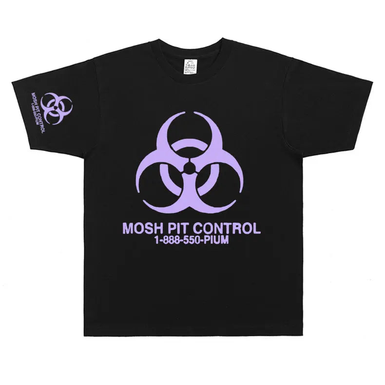Black cotton homixide gang mosh hip hop oversized t-shirt with lavender biohazard logo and playboi carti opium text
