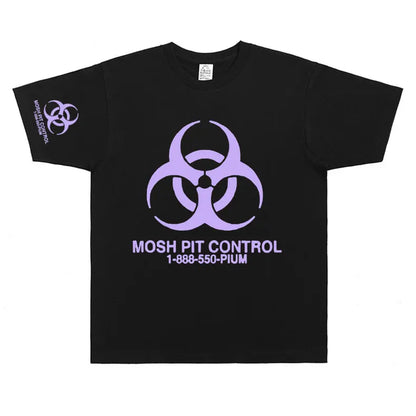 Black short-sleeved cotton homixide gang mosh t-shirt featuring lavender biohazard symbol and mosh pit control text