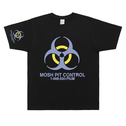 Black cotton homixide gang mosh t-shirt with purple yellow biohazard symbol and mosh pit control text playboi carti opium merch