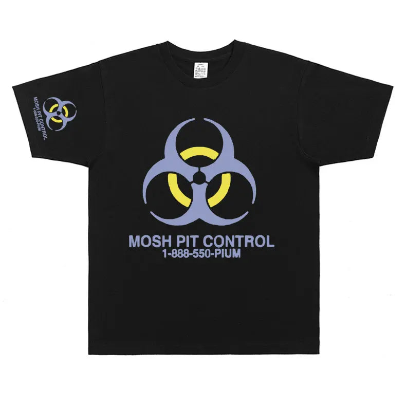 Black cotton homixide gang mosh pit control t-shirt with purple yellow biohazard symbol playboi carti opium hip hop oversized