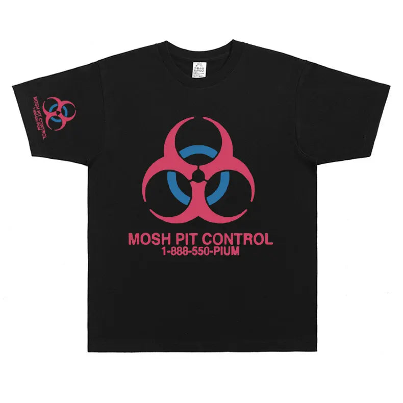 Black cotton homixide gang mosh t-shirt with bold pink and blue biohazard symbol and mosh pit control text