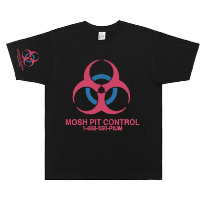 Black cotton homixide gang mosh t-shirt with bold pink and blue biohazard symbol and mosh pit control text