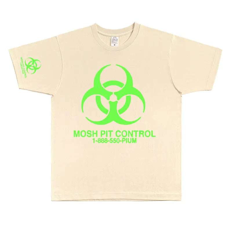 Beige cotton homixide gang mosh short-sleeved t-shirt with neon green biohazard print playboi carti opium hip hop oversized