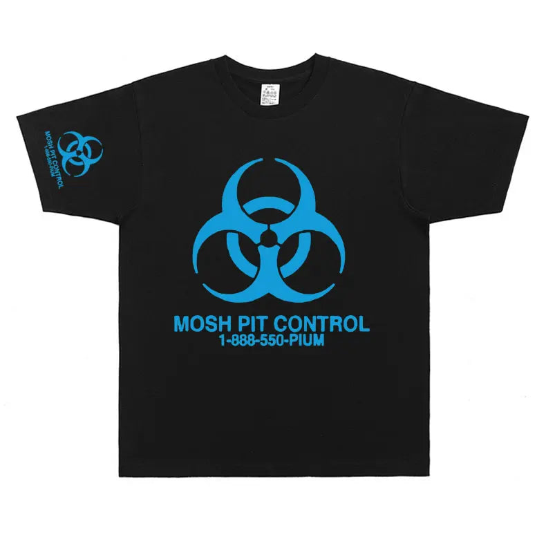 Black cotton homixide gang mosh pit control t-shirt with bold blue biohazard symbol and playboi carti opium text