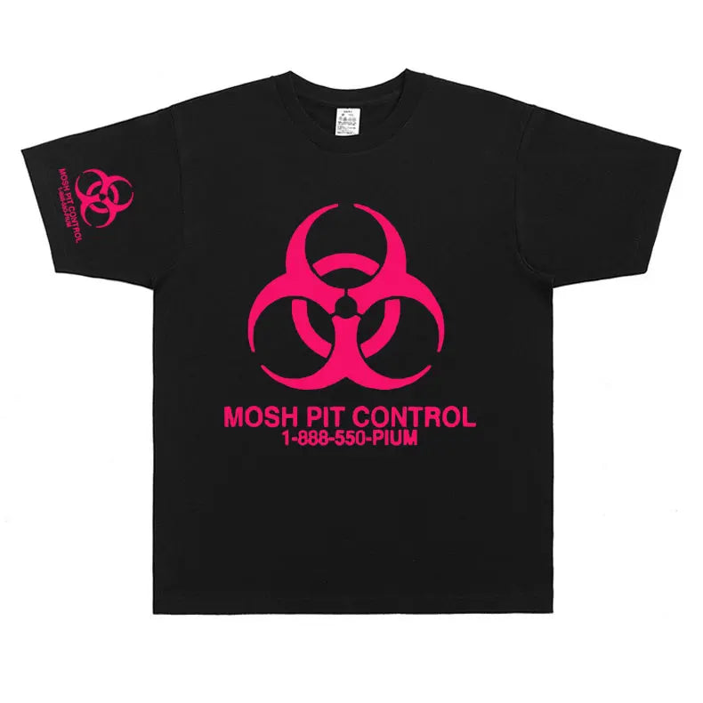 Black cotton homixide gang mosh oversized t-shirt with bold pink biohazard symbol mosh pit control text front