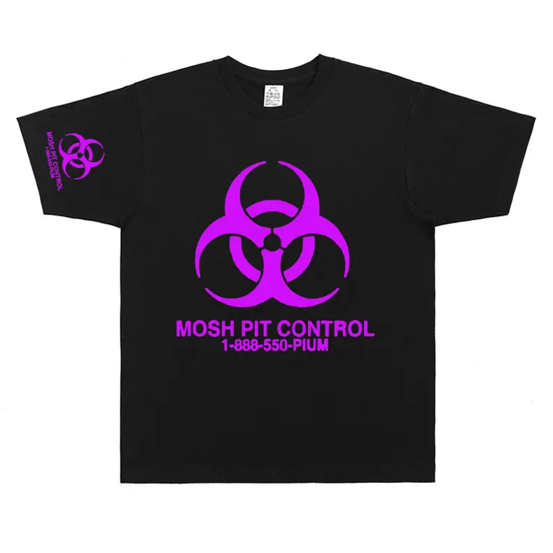 Black cotton homixide gang mosh oversized t shirt with purple biohazard and mosh pit control text for playboi carti opium fans