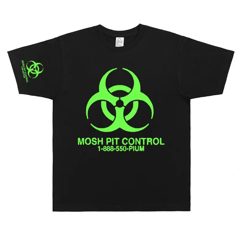 Black cotton oversized t-shirt featuring neon green biohazard symbol and mosh pit control text from homixide gang mosh merchandise