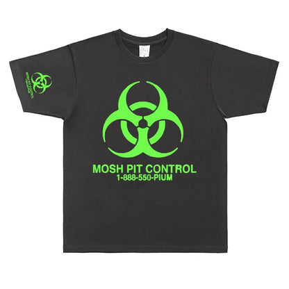 Black short-sleeved cotton homixide gang mosh t-shirt with neon green biohazard and mosh pit control text phone number