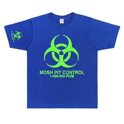 Bright blue cotton homixide gang mosh pit control t-shirt with neon green biohazard symbol playboi carti opium hip hop oversized