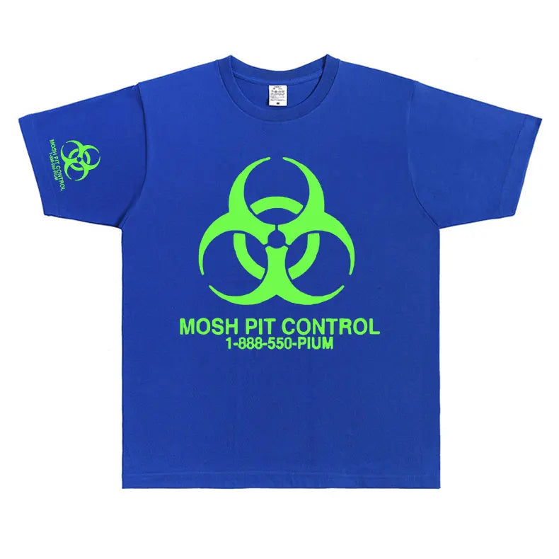 Bright blue cotton homixide gang mosh pit control t-shirt with neon green biohazard symbol and phone number below