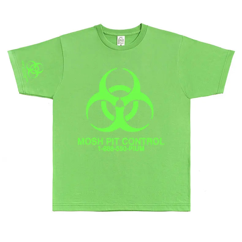 Bright lime green homixide gang mosh short-sleeved cotton t-shirt with neon mosh pit control print front for men and women