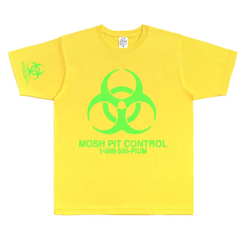 Bright yellow cotton homixide gang mosh short-sleeved t-shirt with neon green biohazard mosh pit control design