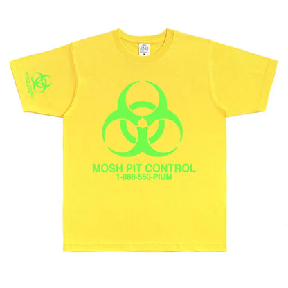 Bright yellow cotton homixide gang mosh short-sleeved t-shirt with neon green biohazard mosh pit control design
