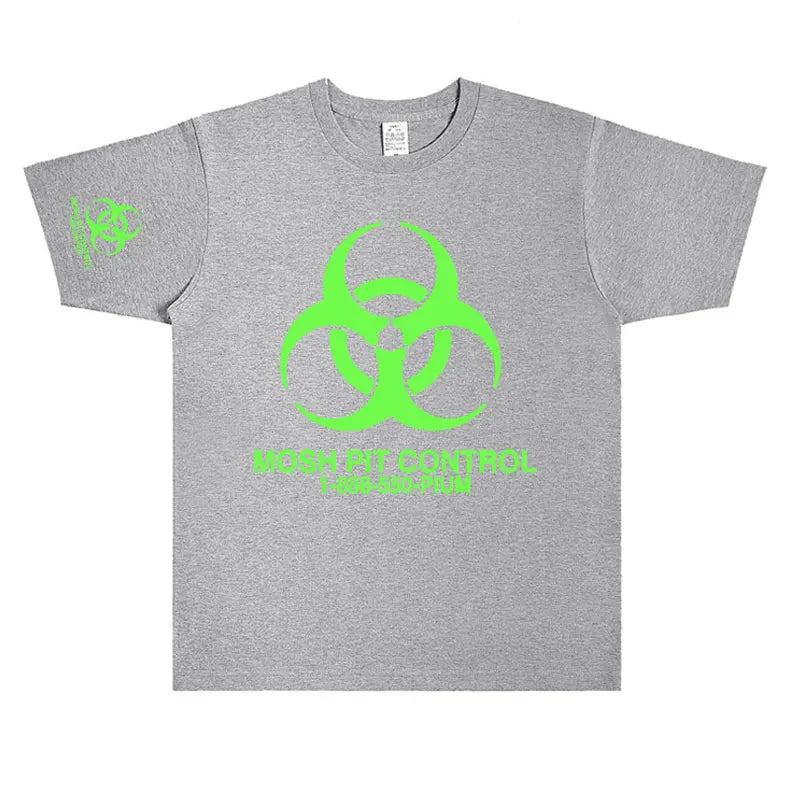 Gray heathered cotton homixide gang mosh pit control t-shirt with neon green biohazard symbol and playboi carti opium text